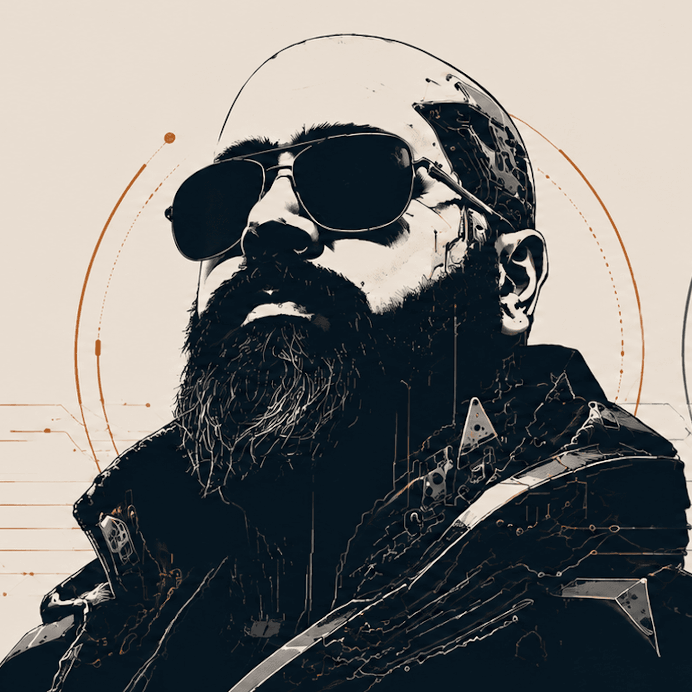 Illustrated portrait of Az Zaver wearing sunglasses, with a beard and cyborg details.